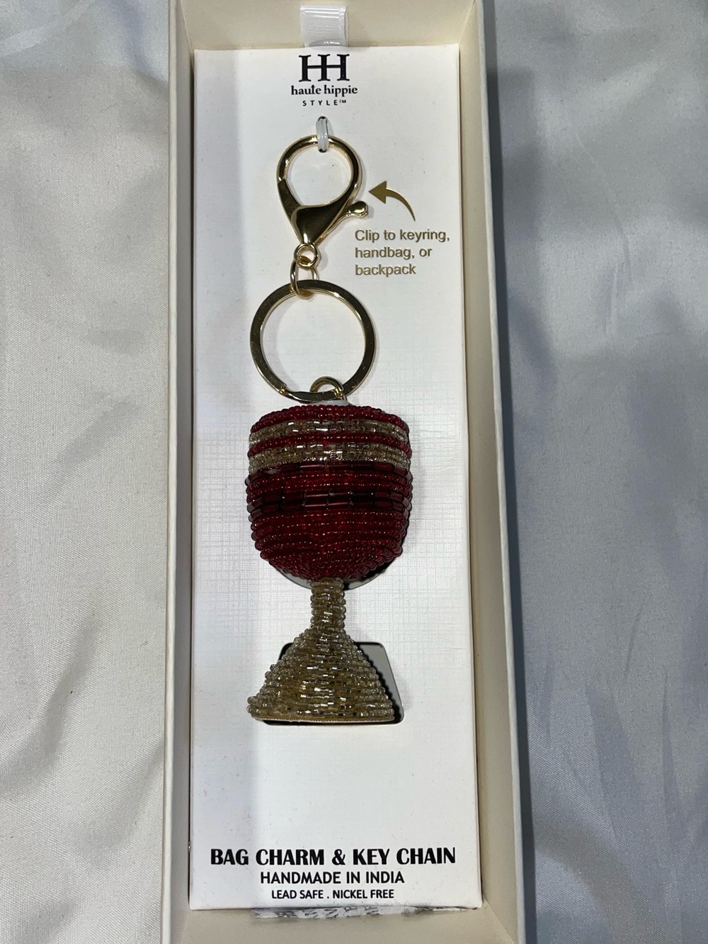🍷New Haute Hippie Red and Gold Beaded Wine Glass Bag Charm